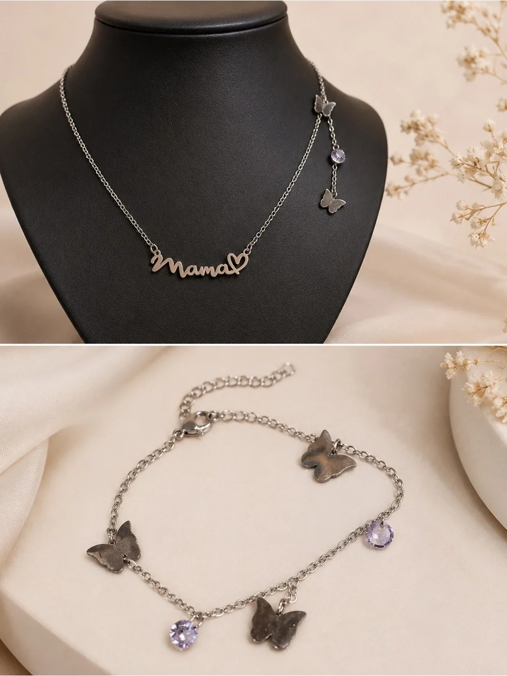 2pc Mama Heart Silver Necklace and Butterfly Charm Bracelet Set